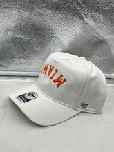 Load image into Gallery viewer, Close-up view of the Miami Hurricanes NCAA '47 White Reversed Hitch Script Adjustable Snapback Hat highlighting the adjustable snapback feature and quality materials.