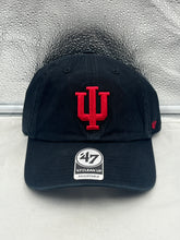 Load image into Gallery viewer, Indiana Hoosiers NCAA '47 Brand Black Clean Up Adjustable Hat displayed on a white background showcasing its sleek black design and embroidered logo.