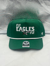 Load image into Gallery viewer, Philadelphia Eagles NFL '47 Throwback Green Rope Hitch Snapback Adjustable Hat showcasing the iconic Eagles logo and vibrant green color, perfect for game day.
