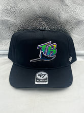 Load image into Gallery viewer, Tampa Bay Rays MLB '47 Brand Throwback Black Hitch Adjustable Snapback Hat showcasing its adjustable snapback design, classic black color, and iconic Rays logo, perfect for fans and casual wear.