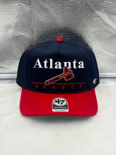 Load image into Gallery viewer, Atlanta Braves MLB '47 Brand Blue Two Tone Hitch Adjustable Snapback Hat displayed with vibrant colors, perfect for showcasing your team spirit with this Atlanta Braves hat.