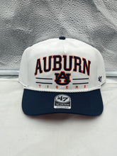 Load image into Gallery viewer, Auburn Tigers NCAA '47 Brand White TT Hitch Rope Adjustable Snapback Hat displayed on a mannequin, showcasing its stylish design and adjustable snapback closure.