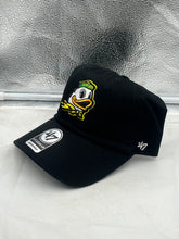 Load image into Gallery viewer, Close-up view of the Oregon Ducks NCAA '47 Brand Black Clean Up Adjustable Strapback Hat, highlighting its adjustable strap and high-quality craftsmanship.