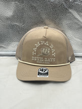 Load image into Gallery viewer, Front view of Tampa Bay Rays MLB '47 Brand Throwback Khaki Hitch Mesh Adjustable Snapback Hat featuring raised embroidered logo.