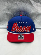 Load image into Gallery viewer, Atlanta Braves MLB '47 Brand Throwback Script Hitch Rope Adjustable Snapback Hat showcasing vintage retro design with team logo.