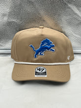 Load image into Gallery viewer, Detroit Lions NFL '47 Brand Khaki Rope Hitch Snapback Adjustable Hat displaying stylish khaki color and unique rope detailing, perfect for showing team spirit and comfort.