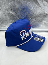 Load image into Gallery viewer, Texas Rangers MLB '47 Brand Blue Script Hitch Rope Adjustable Snapback Hat with rope detailing emphasizing its stylish design.