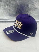 Load image into Gallery viewer, LSU Tigers NCAA '47 Brand Purple Rope Script Hitch Adjustable Hat displayed on a mannequin to highlight its trendy design and vibrant colors.