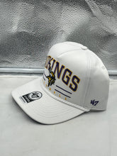 Load image into Gallery viewer, Close-up view of the Minnesota Vikings NFL '47 White Script Hitch Rope Snapback Adjustable Hat, highlighting adjustable snapback closure and rope detailing.