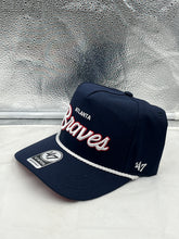 Load image into Gallery viewer, Adjustable snapback closure of the Atlanta Braves MLB '47 Brand Navy Script Hitch Hat, designed for comfort and style for baseball enthusiasts.
