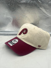 Load image into Gallery viewer, The Philadelphia Phillies MLB '47 Throwback Natural Two Tone Clean Up Adjustable Hat showcasing a vintage-inspired design with a vibrant color scheme.
