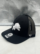 Load image into Gallery viewer, Detroit Lions NFL '47 Brand Black Trucker Mesh Strapback Adjustable Hat showcasing the iconic team logo.