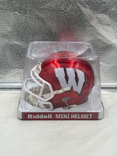Load image into Gallery viewer, Close-up view of the Wisconsin Badgers NCAA Riddell Speed Red Flash Alternate Mini Helmet highlighting the authentic designs and team logos.