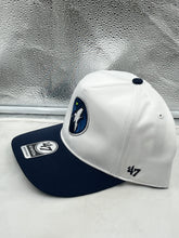 Load image into Gallery viewer, Side view of the Minnesota Timberwolves NBA '47 Brand White Two Tone Hitch Adjustable Snapback Hat highlighting the two-tone design.