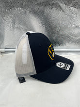 Load image into Gallery viewer, Side angle of the Milwaukee Brewers MLB '47 Brand Navy Blue Trucker Mesh Snapback Adjustable Hat highlighting the snapback closure for adjustable fit.