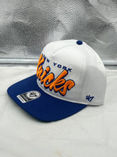 Load image into Gallery viewer, New York Knicks NBA '47 Brand White TT Script Hitch Adjustable Snapback Hat showcasing adjustable fit and breathable material.