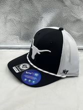 Load image into Gallery viewer, Texas Longhorns NCAA '47 Brand Black Trucker Rope Adjustable Snapback Hat side profile highlighting breathable mesh back.