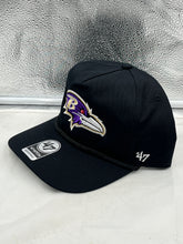 Load image into Gallery viewer, Side view of the Baltimore Ravens NFL '47 Brand Black Rope Hitch Snapback Adjustable Hat showcasing the stylish rope design and adjustable strap for a personalized fit, ideal for Baltimore Ravens hat enthusiasts.