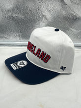 Load image into Gallery viewer, Cleveland Guardians MLB '47 Brand White TT Script Hitch Adjustable Snapback Hat featuring the adjustable snapback mechanism, ideal for comfort and fit for fans.