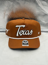 Load image into Gallery viewer, Texas Longhorns NCAA '47 Brand Script Orange Rope Hitch Adjustable Snapback Hat displayed on a mannequin with a vibrant orange color showcasing team pride.