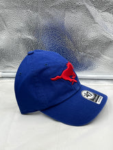 Load image into Gallery viewer, SMU Mustangs NCAA '47 Brand Blue Clean Up Adjustable Strapback Hat side view highlighting the adjustable strap feature.