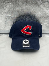 Load image into Gallery viewer, Cleveland Guardians MLB '47 Brand Throwback Navy Clean Up Adjustable Hat displayed on a white background, showcasing its vintage design and comfortable fit.