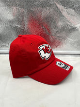 Load image into Gallery viewer, Side view of the Kansas City Chiefs NFL '47 Brand Red Clean Up Adjustable Strapback Hat, emphasizing its low-profile design and comfortable fit.