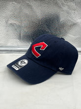 Load image into Gallery viewer, Close-up view of the Cleveland Guardians MLB '47 Brand Throwback Navy Clean Up Adjustable Hat, highlighting the team's logo and adjustable strap for a perfect fit.