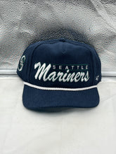Load image into Gallery viewer, Seattle Mariners MLB '47 Brand Blue Corduroy Hitch Rope Adjustable Snapback Hat from the side view, showcasing the stylish design and corduroy texture.