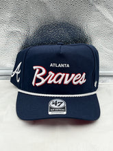 Load image into Gallery viewer, Atlanta Braves MLB '47 Brand Navy Script Hitch Adjustable Snapback Hat showcasing the vintage script logo and navy color, perfect for dedicated fans.
