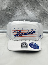 Load image into Gallery viewer, Florida Gators NCAA '47 Brand White Hitch Rope Adjustable Snapback Hat showcasing a stylish design with an adjustable fit and classic logo, perfect for fans supporting their college team.