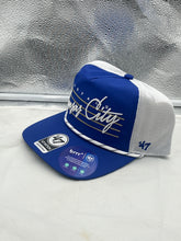 Load image into Gallery viewer, Kansas City Royals MLB '47 Brand Blue Script Hitch Rope Adjustable Snapback Hat showcasing its stylish blue script design and classic rope detail.