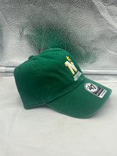 Load image into Gallery viewer, Close-up of the Minnesota North Stars NHL '47 Throwback Green Clean Up Adjustable Strapback Hat emphasizing the quality material and vibrant green color.