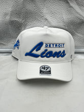 Load image into Gallery viewer, Detroit Lions NFL '47 Brand White Script Hitch Snapback Adjustable Hat displayed on a mannequin showcasing its stylish design and adjustable fit.