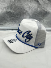 Load image into Gallery viewer, Kansas City Royals MLB '47 Brand White Script Hitch Mesh Adjustable Snapback Hat showcasing the bold script lettering and classic design.