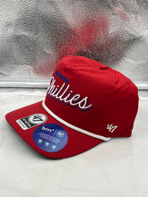 Load image into Gallery viewer, Close-up of Philadelphia Phillies MLB '47 Brand Red Script Rope Hitch Adjustable Hat, highlighting the adjustable strap and trendy rope detail for a secure fit.