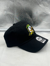 Load image into Gallery viewer, Close-up view of the Oregon Ducks NCAA '47 Brand Black Clean Up Adjustable Strapback Hat highlighting the quality craftsmanship and adjustable strap.