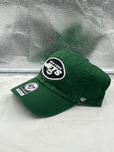 Load image into Gallery viewer, Close-up of the New York Jets NFL '47 Brand Green Clean Up Strapback Adjustable Hat demonstrating the adjustable strapback design for comfort.