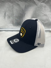 Load image into Gallery viewer, Milwaukee Brewers MLB '47 Brand Navy Blue Trucker Mesh Snapback Adjustable Hat featuring breathable mesh back for optimal airflow.