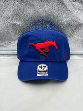 Load image into Gallery viewer, SMU Mustangs NCAA '47 Brand Blue Clean Up Adjustable Strapback Hat displayed on a model demonstrating its stylish design and adjustable fit.