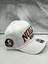 Load image into Gallery viewer, Back view of the Florida State Seminoles FSU NCAA '47 White Rope Script Hitch Adjustable Hat illustrating the adjustable fit feature for all head sizes.