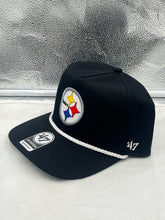 Load image into Gallery viewer, Pittsburgh Steelers NFL '47 Brand Black Rope Hitch Snapback Adjustable Hat displayed on a white background, showcasing its stylish design and iconic team logo.