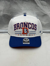 Load image into Gallery viewer, Front view of the Denver Broncos NFL '47 Throwback White TT Hitch Rope Snapback Adjustable Hat, featuring the team's logo and traditional design, perfect for any Denver Broncos hat enthusiast.