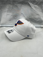 Load image into Gallery viewer, St Louis Blues NHL '47 Brand Throwback White Clean Up Adjustable Strapback Hat displayed on a mannequin showcasing its classic design and logo.