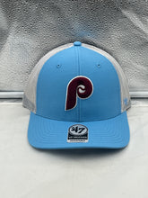 Load image into Gallery viewer, Philadelphia Phillies MLB '47 Throwback Blue Trucker Snapback Adjustable Hat displayed on a mannequin showcasing its blue color and retro design.
