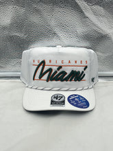 Load image into Gallery viewer, Miami Hurricanes NCAA '47 Brand White Script Hitch Rope Adjustable Snapback Hat showcasing the iconic script logo on a clean white background.