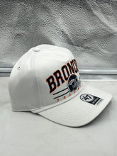 Load image into Gallery viewer, Close-up view of the Denver Broncos NFL '47 White Script Hitch Rope Snapback Adjustable Hat, highlighting the iconic Broncos logo and unique rope accent.