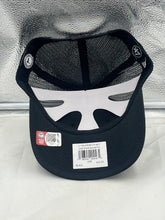 Load image into Gallery viewer, Close-up of Ohio State Buckeyes NCAA '47 Brand Black Trucker Adjustable Snapback Hat highlighting the adjustable snapback closure and breathable mesh back for comfort.