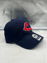 Load image into Gallery viewer, Close-up view of the Cleveland Guardians MLB '47 Brand Throwback Navy Clean Up Adjustable Hat logo, emphasizing team pride and quality craftsmanship.