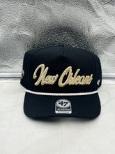 Load image into Gallery viewer, New Orleans Saints NFL '47 Black Rope Hitch Snapback Adjustable Hat front view showcasing the unique rope detail and classic black design.
